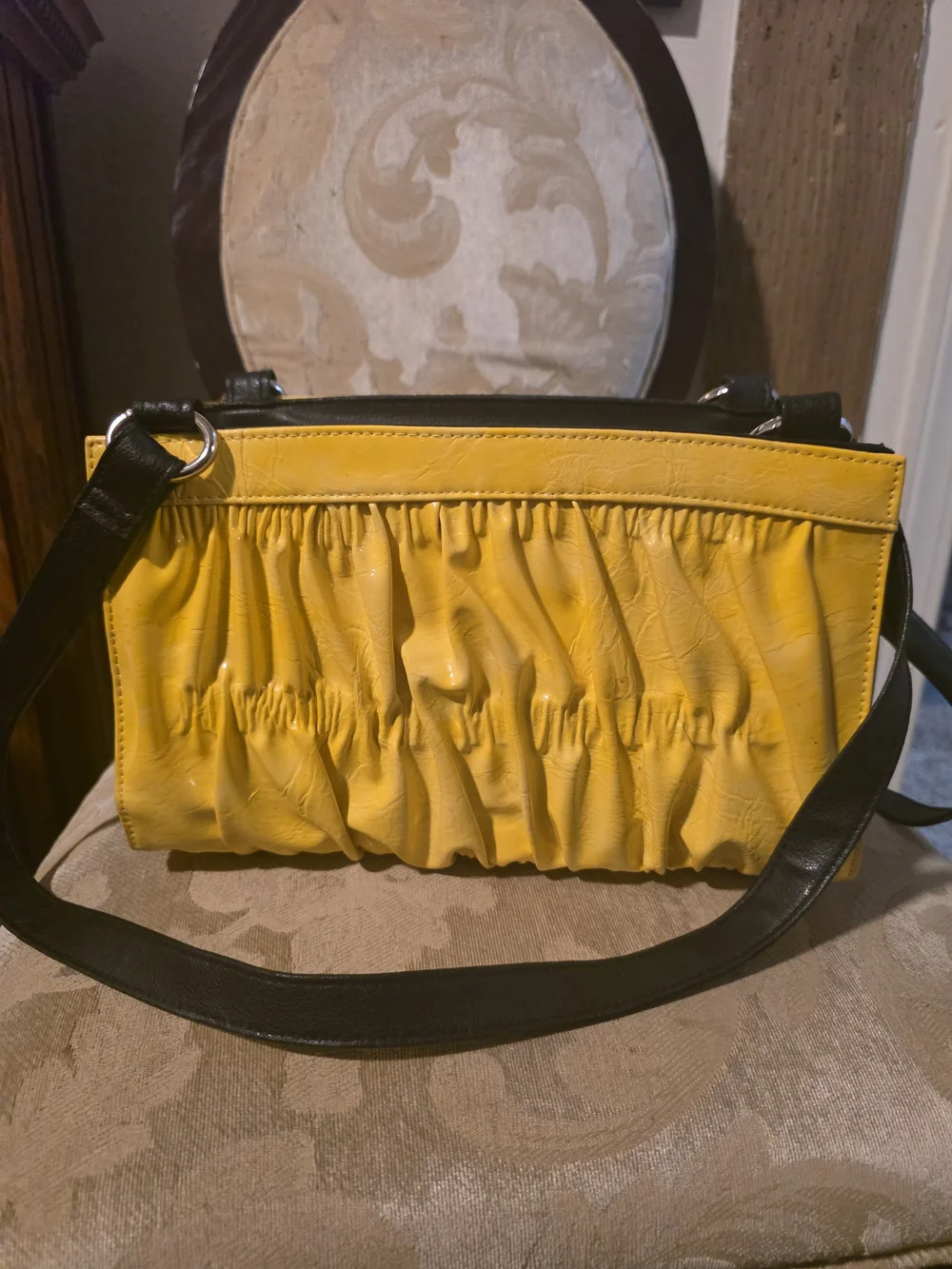 Miche Yellow Gathered Leather Shoulder Bag with Black Strap